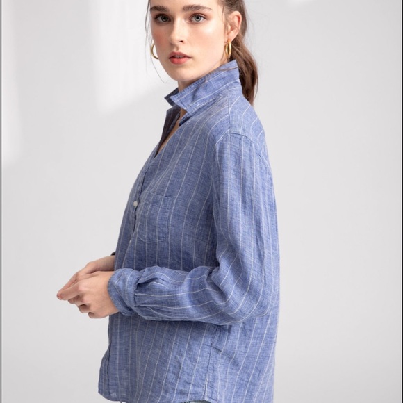 Frank & Eileen - Eileen Italian 100% Linen Woven Blue &White Stripe Button Down - Picture 1 of 10